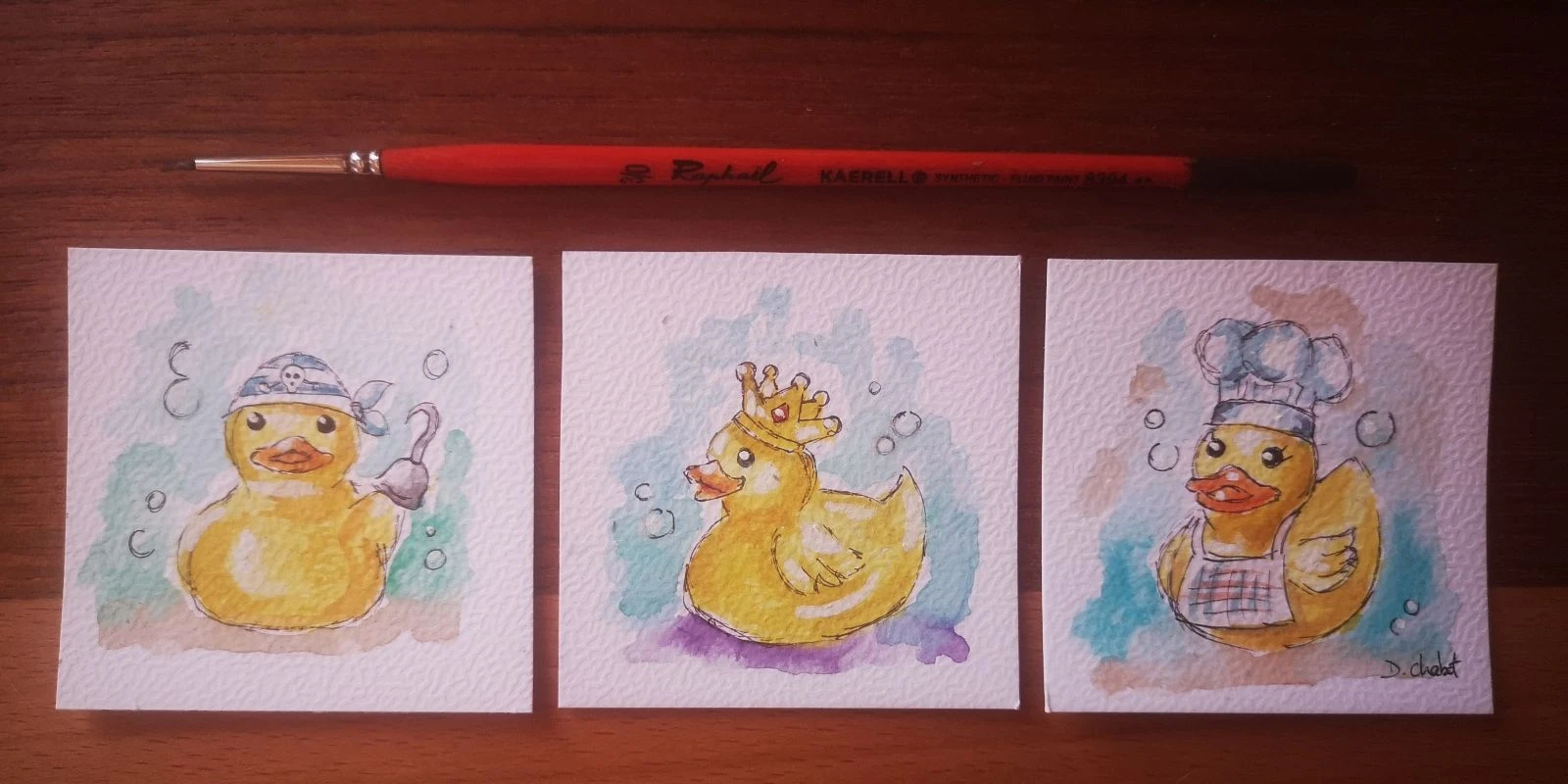 Tríplice de minis aquarelas pintadas à mão "meus 3 patinhos" – photo 3